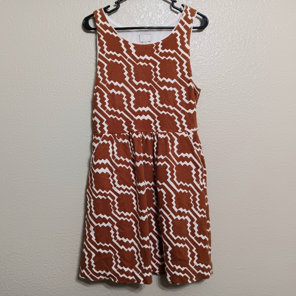 Postmark Anthropologie Rust Brown White Geometric Dress